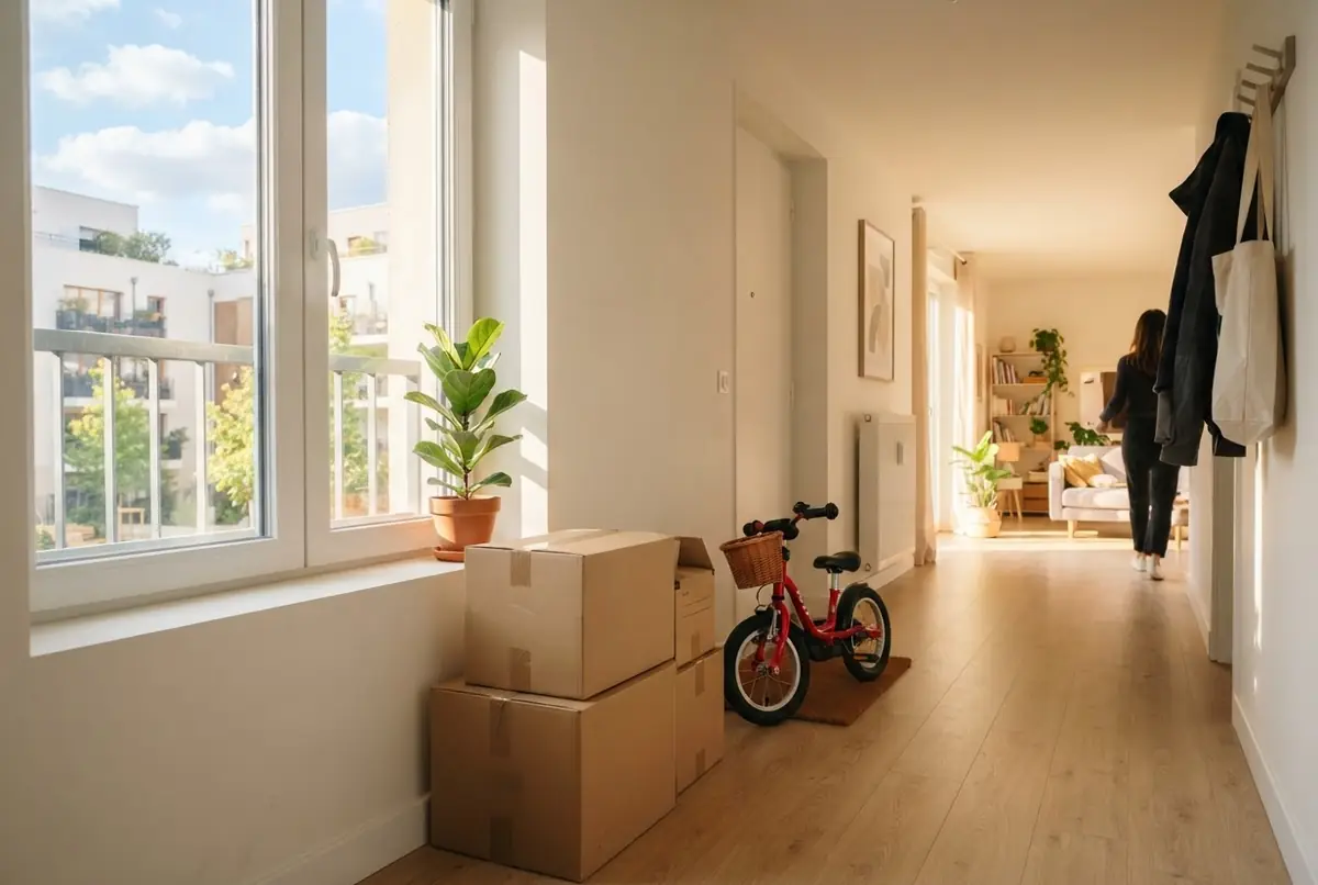 Cartons de déménagement dans un appartement neuf