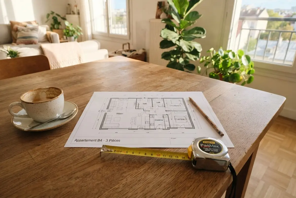 Plan d'un appartement neuf posé sur une table