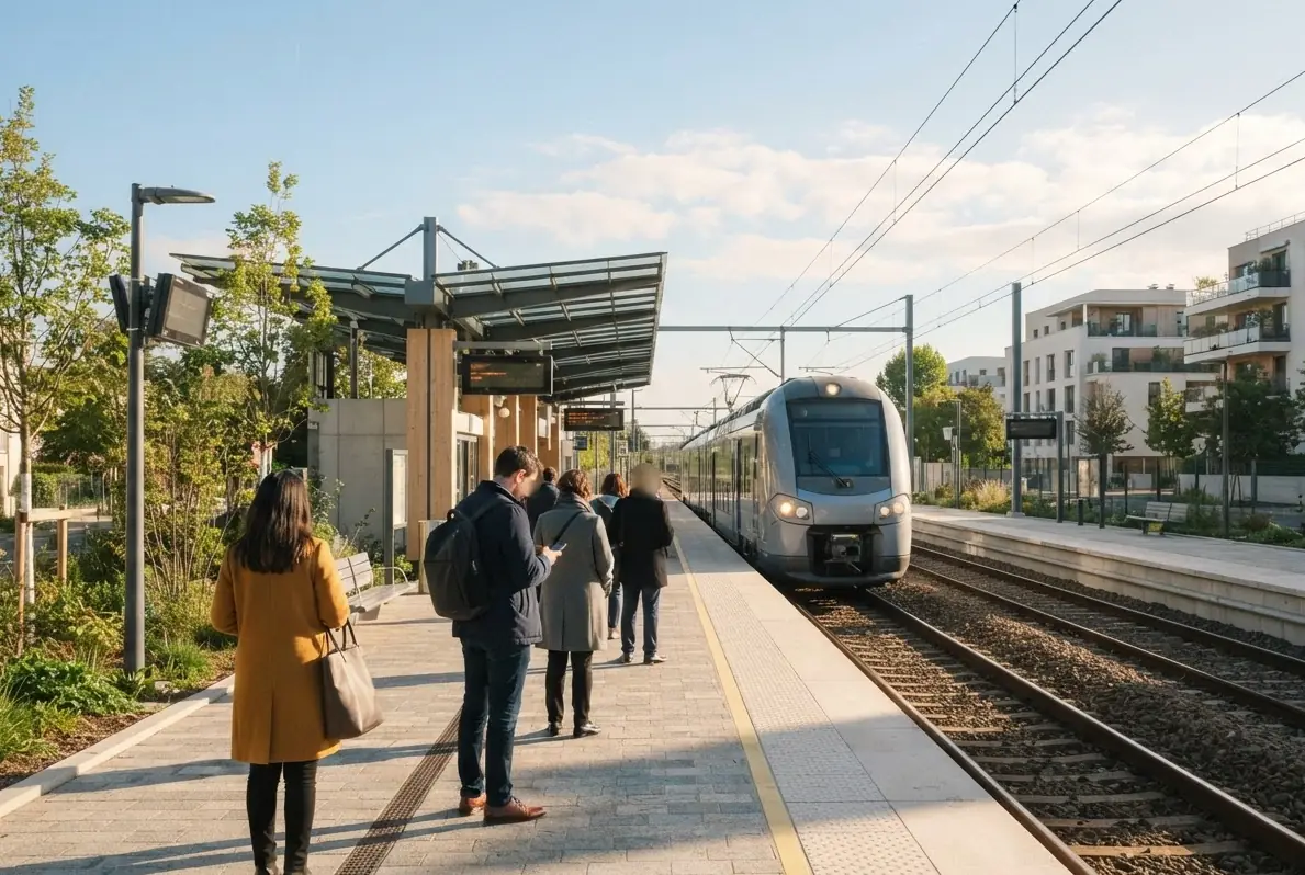 Quai de gare de banlieue à l'heure de pointe